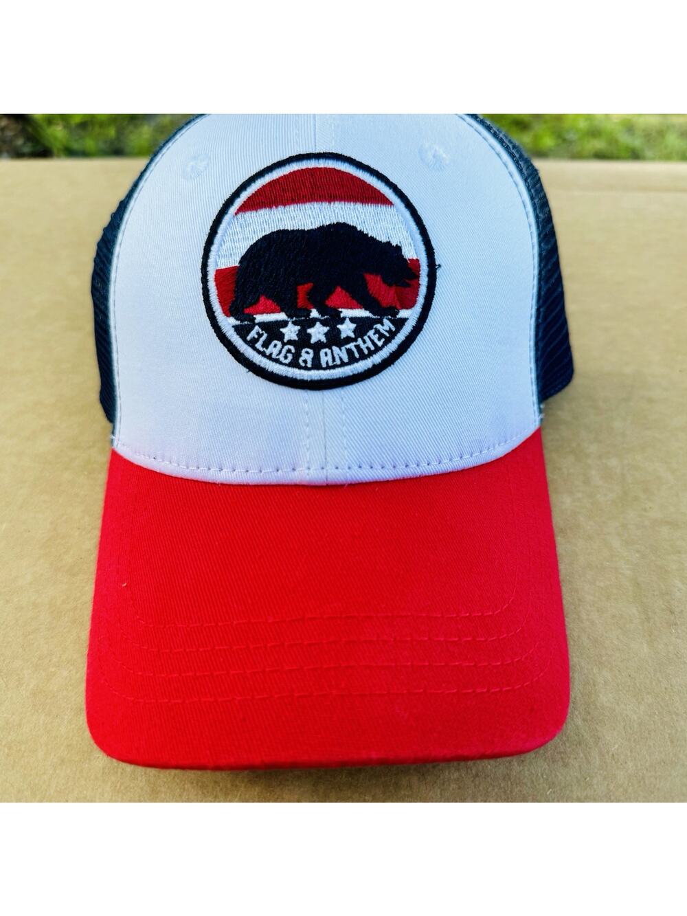 Flag & Anthem Bear Logo Trucker Hat Red White Blue Snapback Mesh Cap